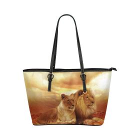 Large Leather Tote Shoulder Bag - Brown Lion And Lioness Illustration