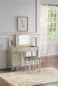 Bedroom Vanity Set w Stool Open Up Mirror Storage Space Drawers Rubber wood Ring Pull Handles Silver Color Vanity