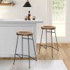 28 Inch Bar Stool with Mango Wood Saddle Seat, Iron Rod Legs, Brown and Black