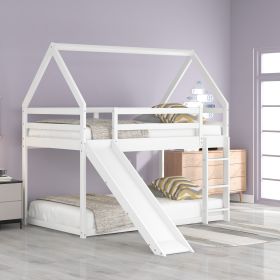 Twin over Twin Low Bunk Bed, House Bed with Ladder , White (Color: White, Style: Slide)