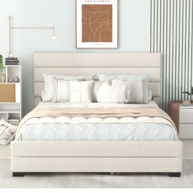 Queen Upholstered Platform Bed with Twin Size Trundle and Two Drawers (Color: Beige)