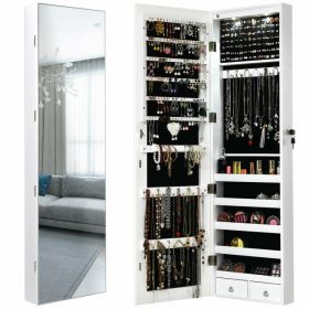 Wall and Door Mounted Mirrored Jewelry Cabinet with Lights (Color: White)