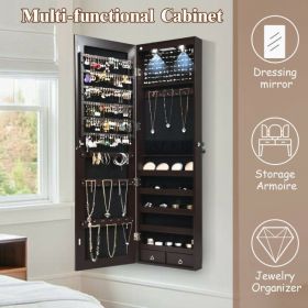 Wall and Door Mounted Mirrored Jewelry Cabinet with Lights (Color: Brown)