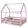 Full Size Floor Wooden Bed with House Roof Frame, Fence Guardrails