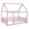 Full Size Floor Wooden Bed with House Roof Frame, Fence Guardrails